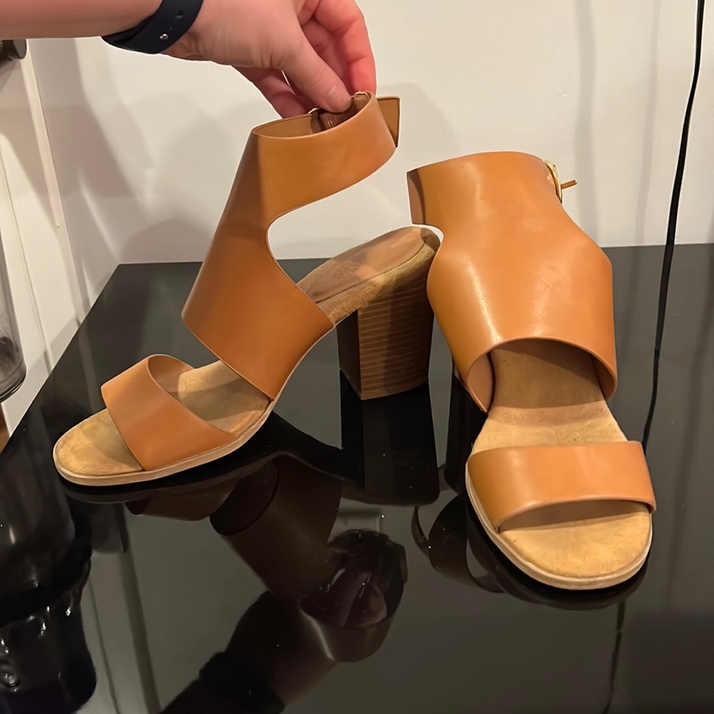 Tan faux leather open toe heels